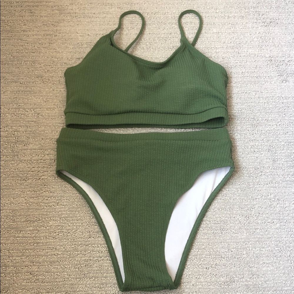 Olive Green Ribbed High-Waist Bikini Set